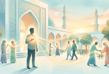 Ilustrasi cat air seorang pria memancarkan cahaya kebaikan kepada orang-orang di sekitar halaman masjid, melambangkan konsep menjadi manusia yang bermanfaat bagi orang lain.