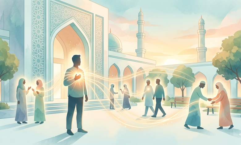 Ilustrasi cat air seorang pria memancarkan cahaya kebaikan kepada orang-orang di sekitar halaman masjid, melambangkan konsep menjadi manusia yang bermanfaat bagi orang lain.