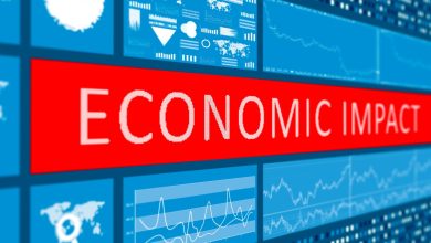 Teks 'ECONOMIC IMPACT' berwarna putih di atas latar merah panjang, dikelilingi oleh berbagai grafik statistik digital dan peta dunia berwarna biru
