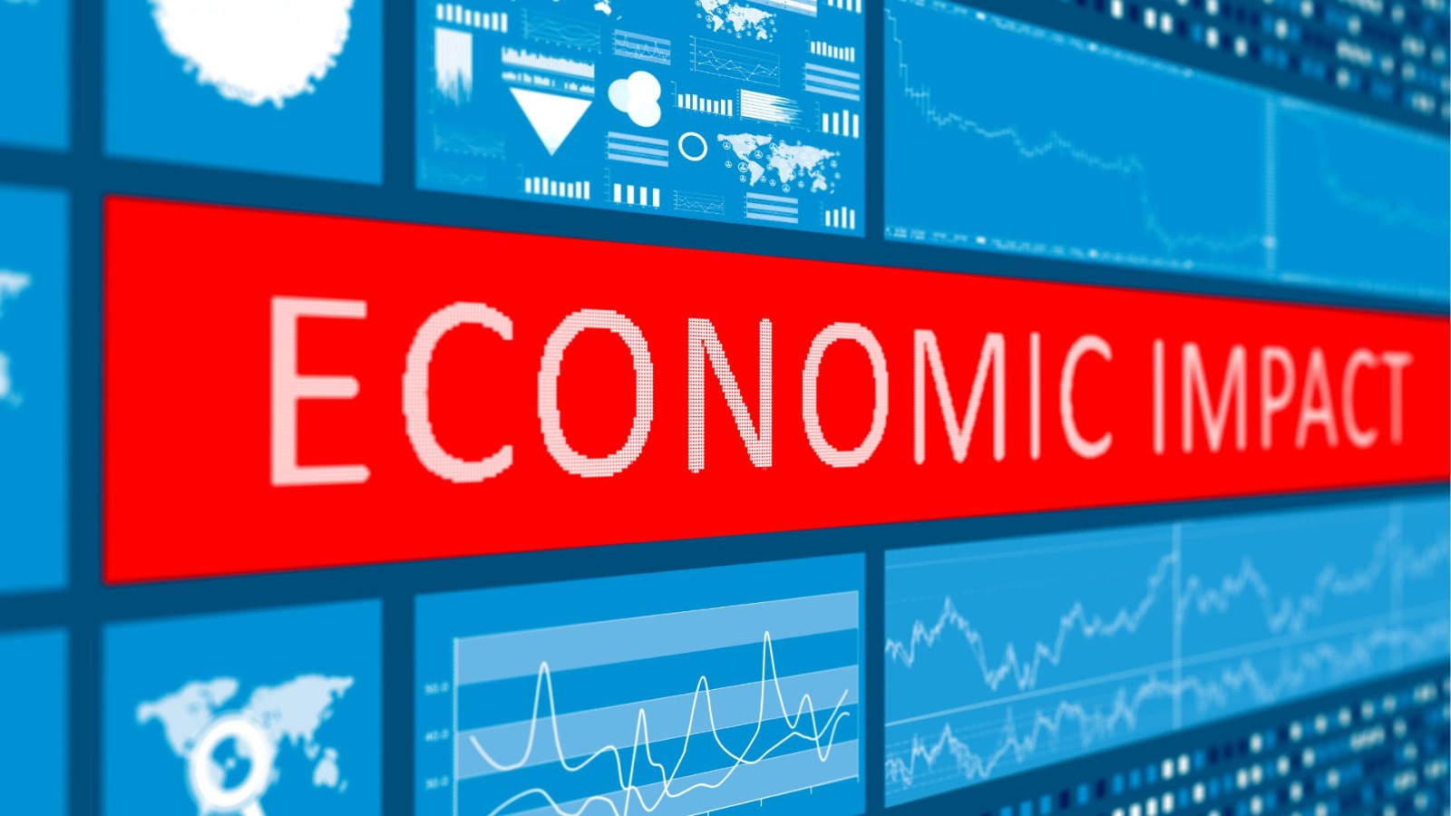 Teks 'ECONOMIC IMPACT' berwarna putih di atas latar merah panjang, dikelilingi oleh berbagai grafik statistik digital dan peta dunia berwarna biru